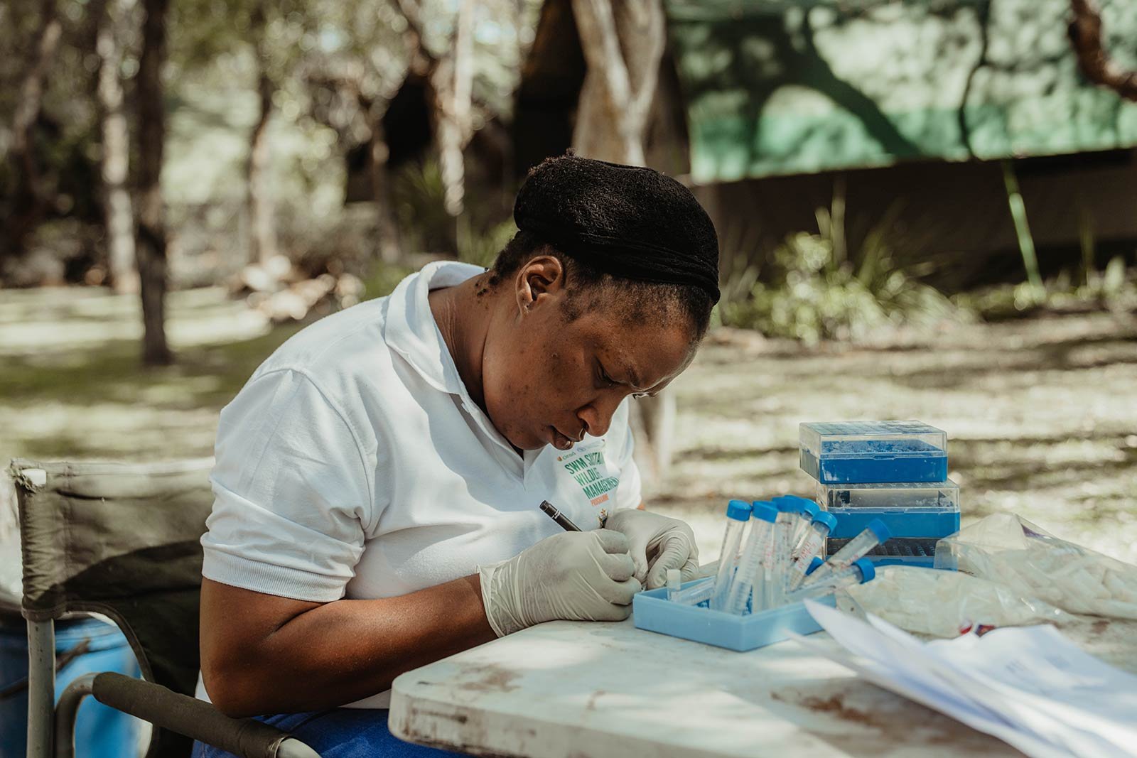 Field sample processing and wildlife monitoring work in Mucheni